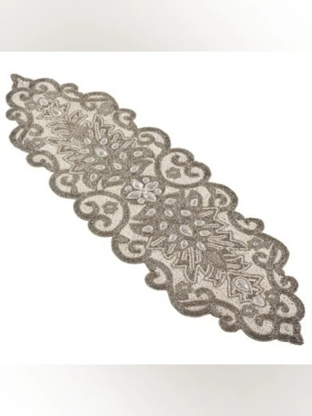 SARO Beaded Jeweled Scroll Motif Elegant Glam Design Table Runner. Silver